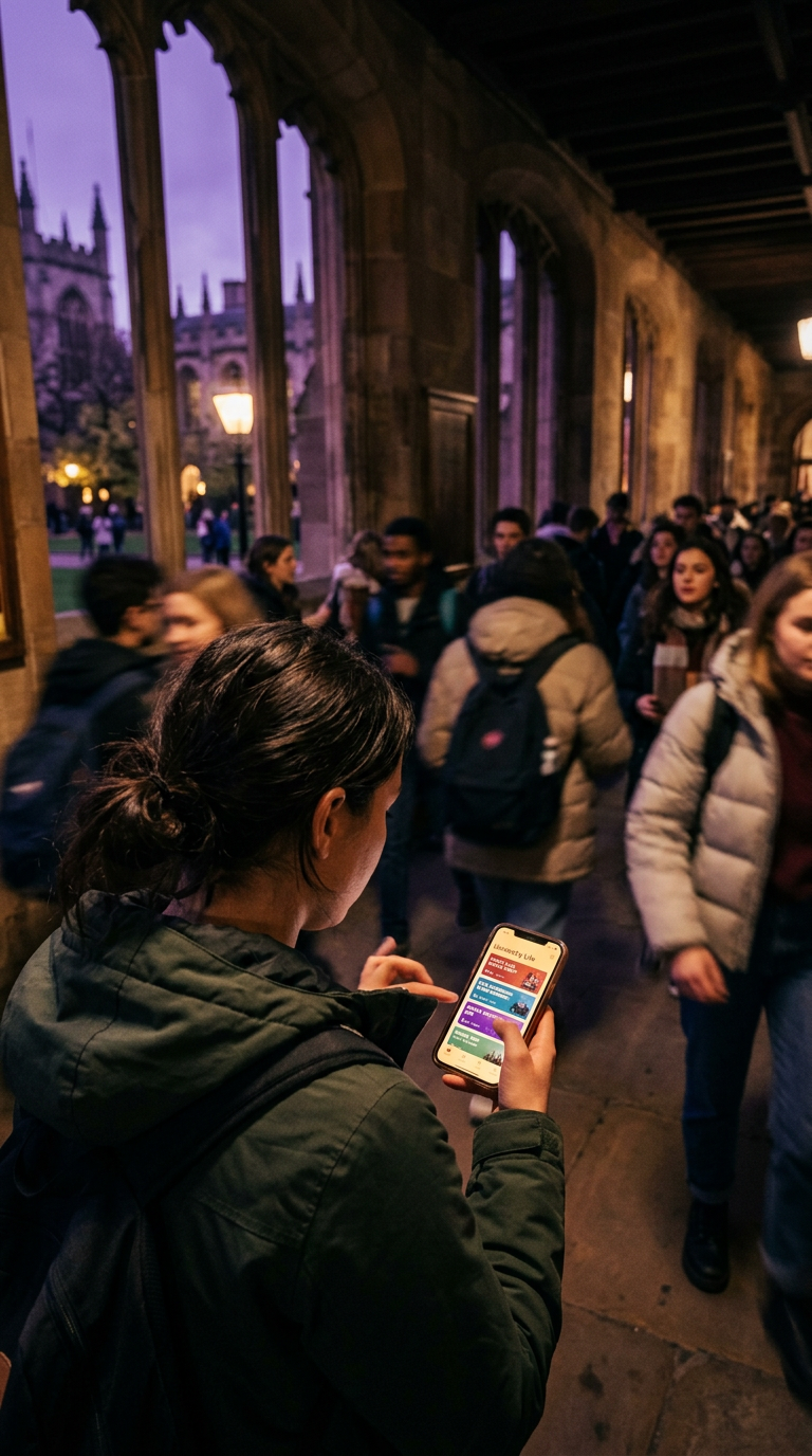 Student browsing events on phone while walking through campus
