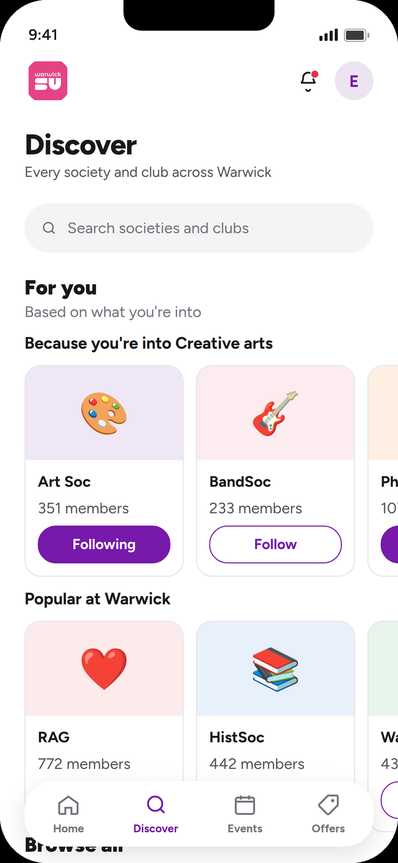 Browsing Warwick societies and sports clubs in the Tandem app